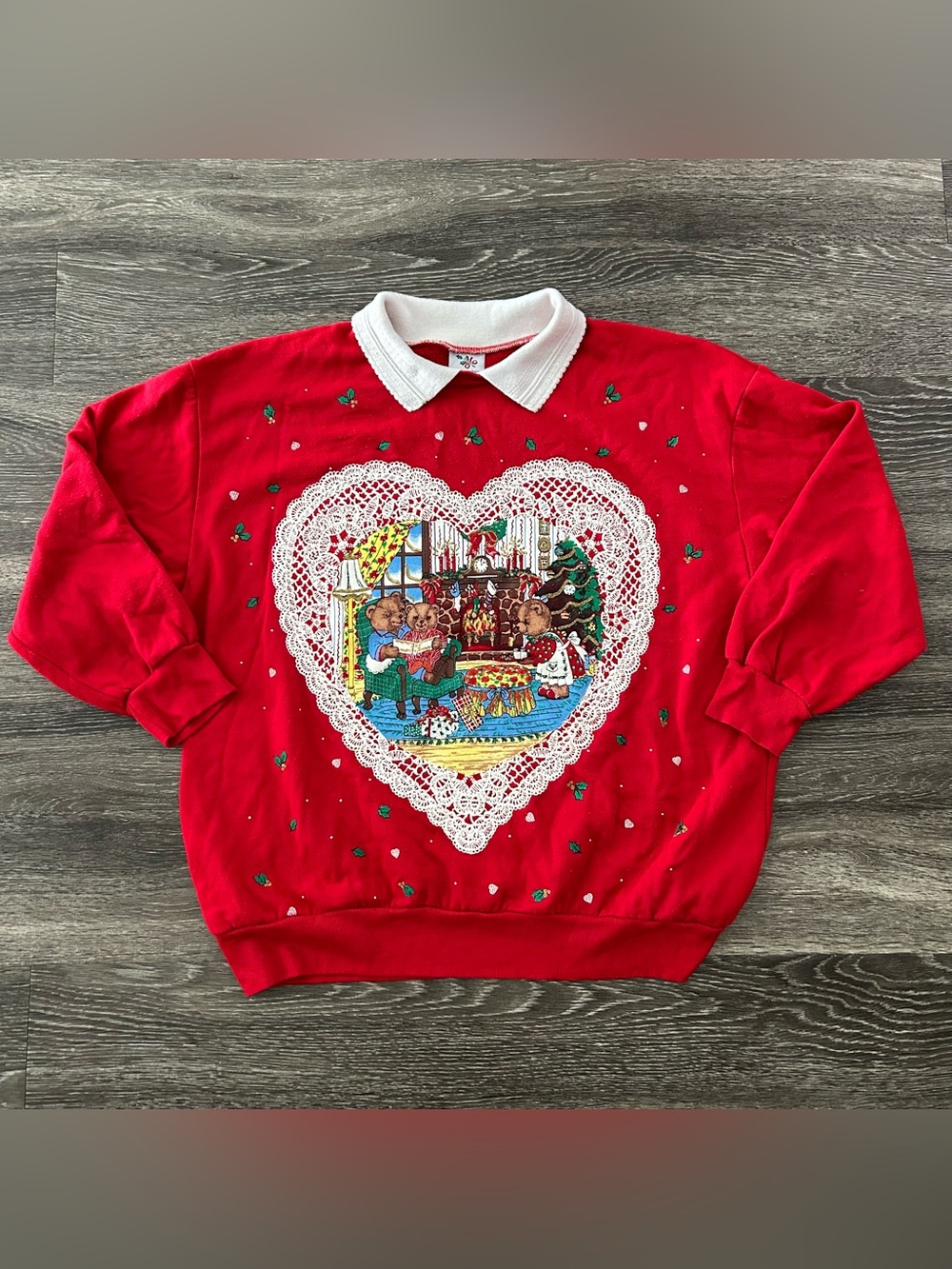 VTG Sweatshirt NutCracker Red Collared Teddy Bear Lace Heart Cottage Grandma 1X